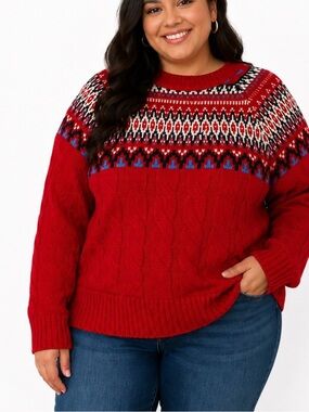 Mountain & Isles Red Fair Isle Cable-Knit Sweater SZ XL Holiday yoke pattern